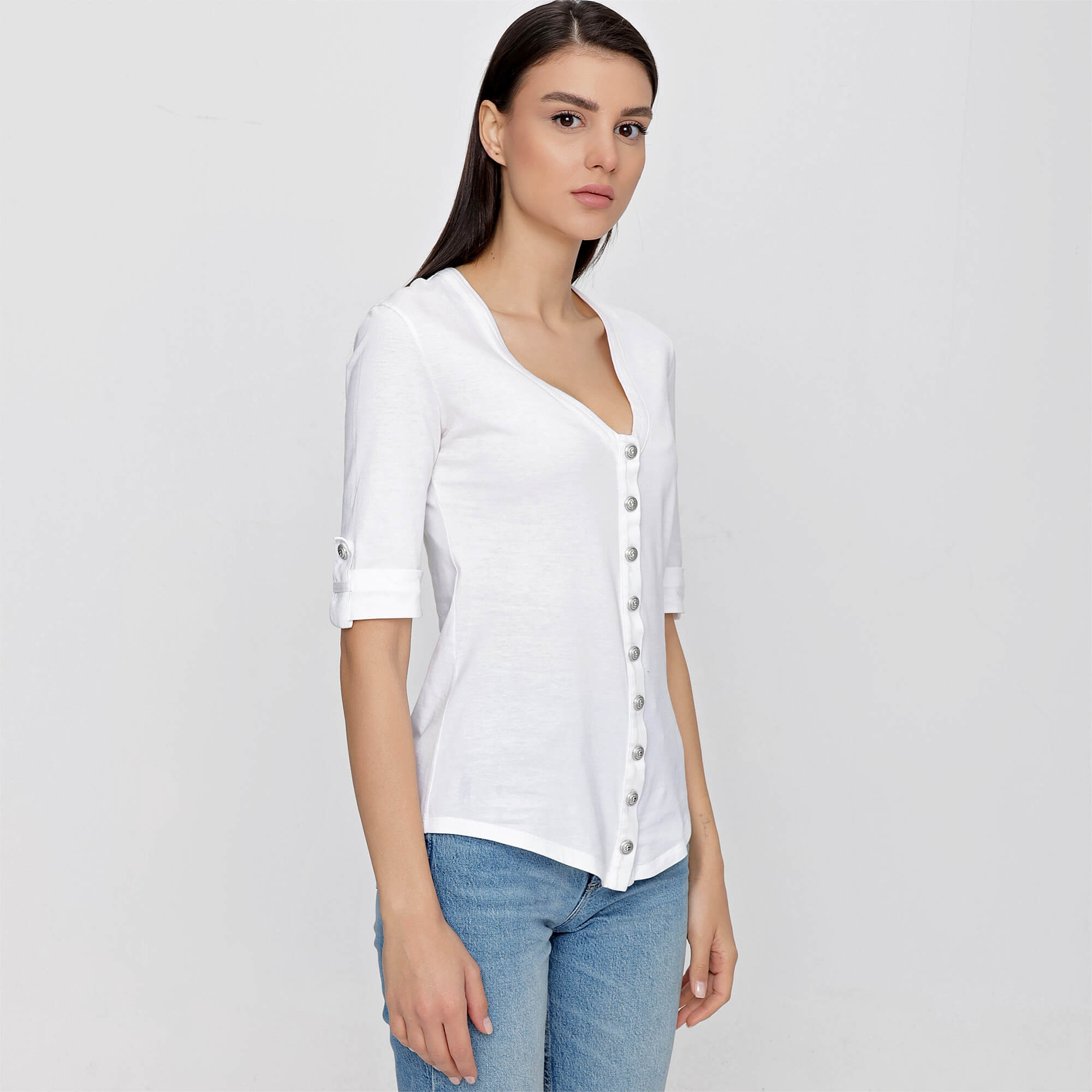 Balmain - White Cotton Button Front V Neck Half Sleeve T Shirt